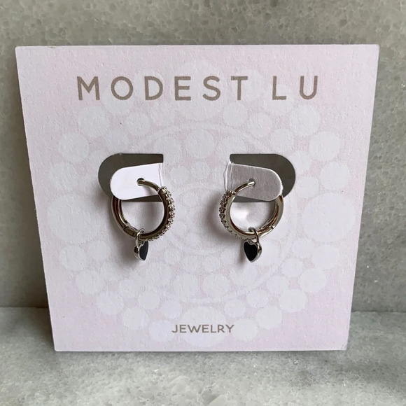 Silver Crystal Paved Heart Hoop Huggie Earrings - Picture 4 of 4